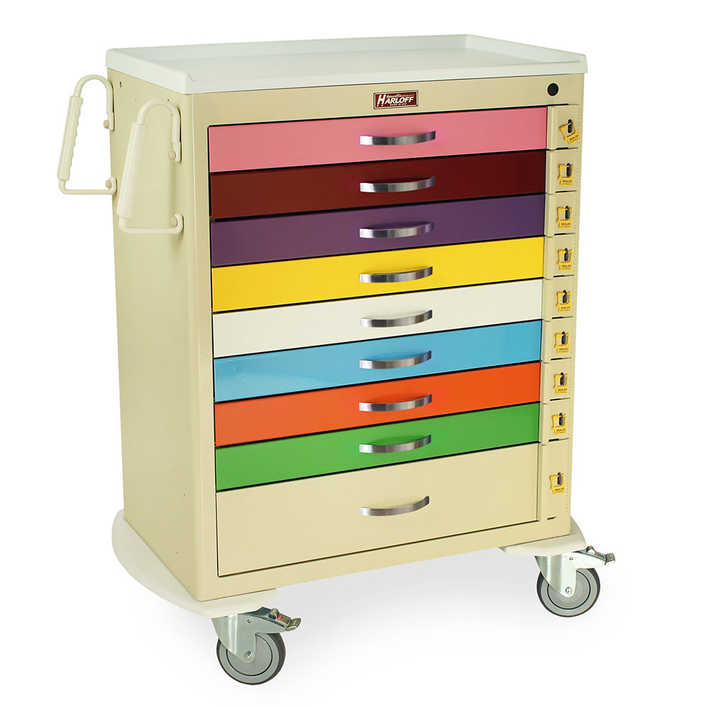 M-Series Pediatric Crash Cart tall 9 drawer color-coded system