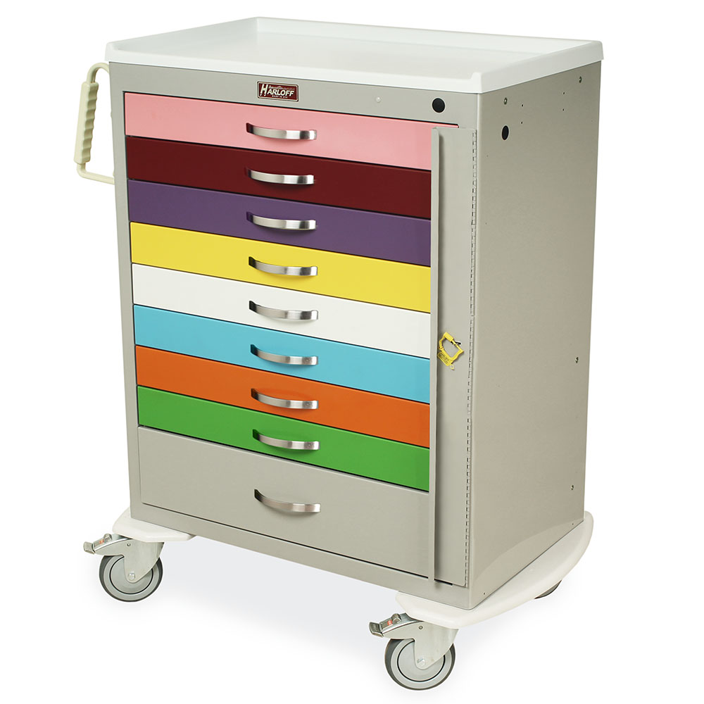 M-Series Pediatric Care Cart with Broselow-style color coding and nine drawers
