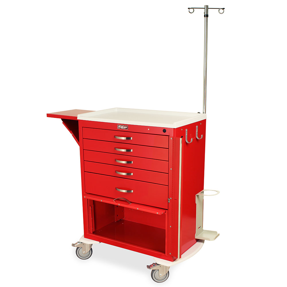 M-Series Tall Crash Cart with Flip-Up Door and Accessory Package - red finish side view