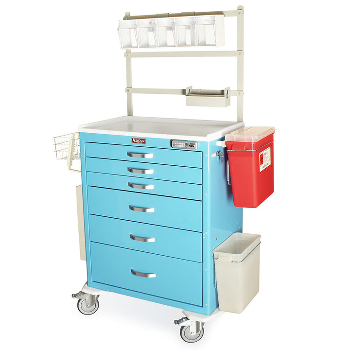 M-Series MDS3030E06+MD30-ANS3 tall anesthesia cart, front view close-up, light blue