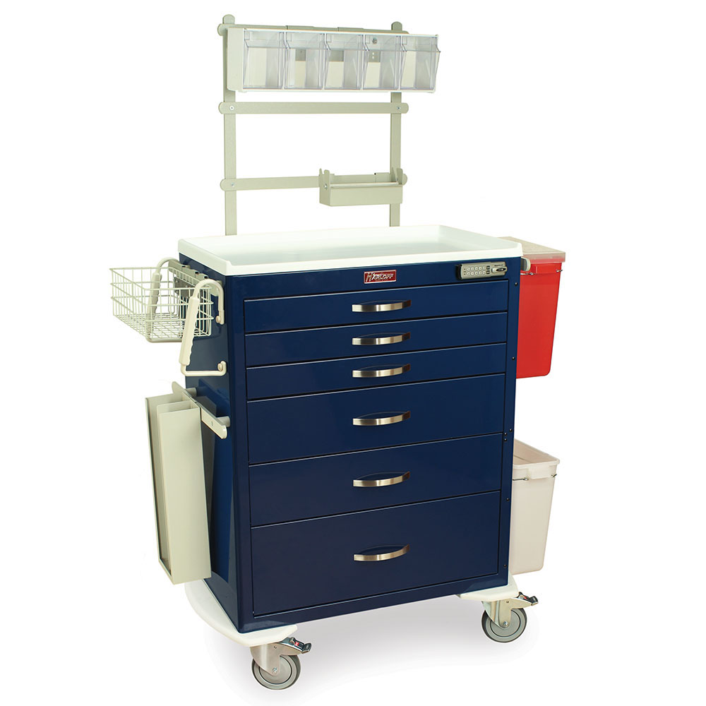 M-Series MDS3030E06+MD30-ANS3 tall anesthesia cart, front right angle, light blue