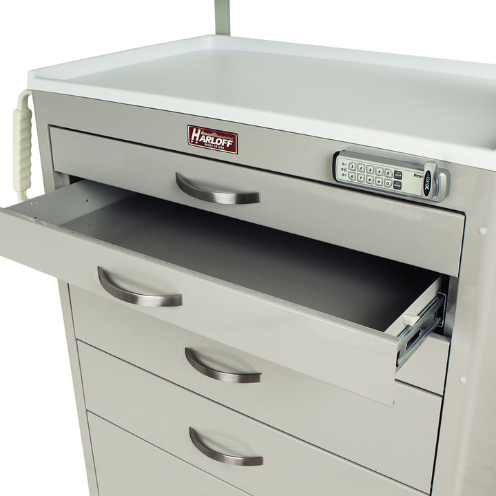 Open drawer view of M-Series Tall Anesthesia Cart showing organized anesthesia supplies