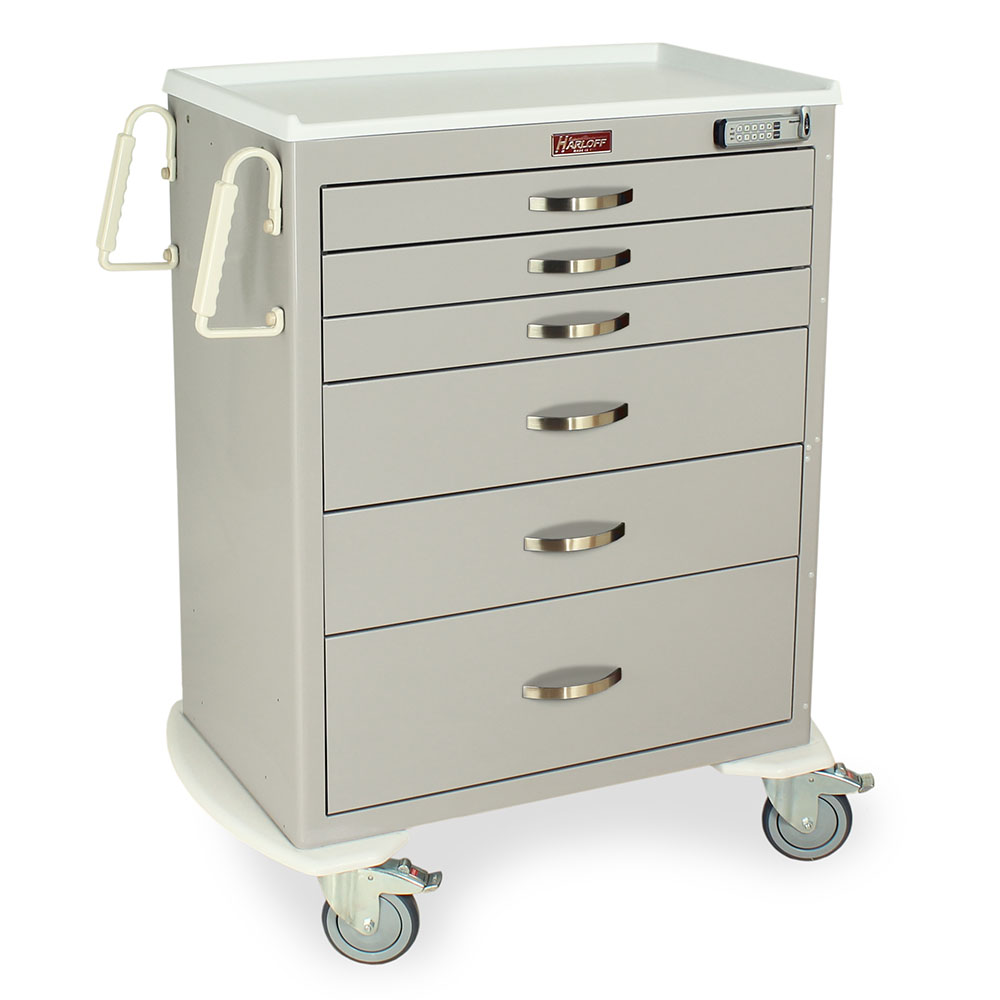 Side angle of M-Series Tall Anesthesia Cart in light gray with electronic lock