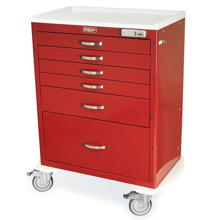 M-Series Tall Procedure Cart, burgundy color, six drawers, electronic pushbutton lock, model MDS3030E16