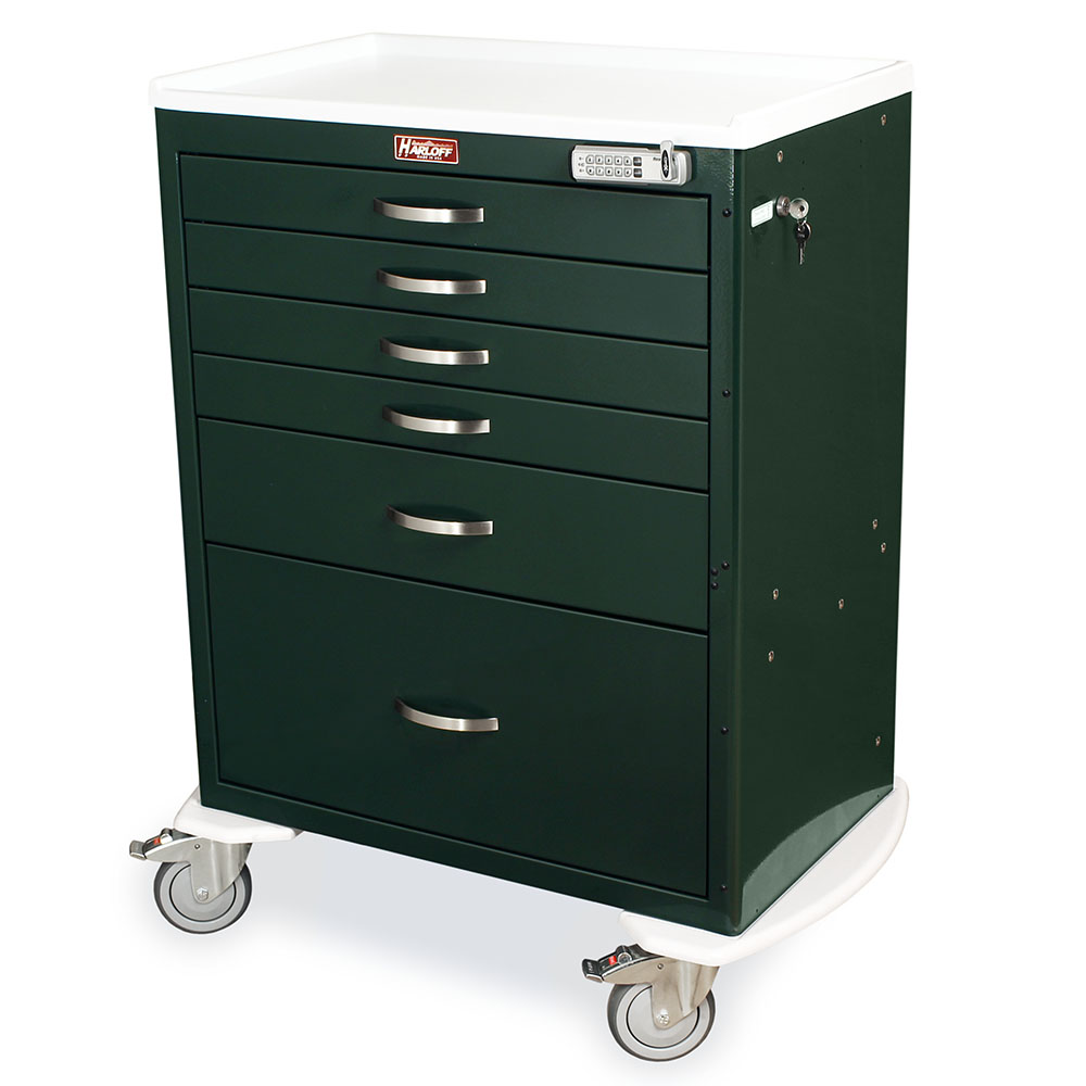M-Series Tall Procedure Cart, dark green color, six drawers, electronic lock, standard width, model MDS3030E16