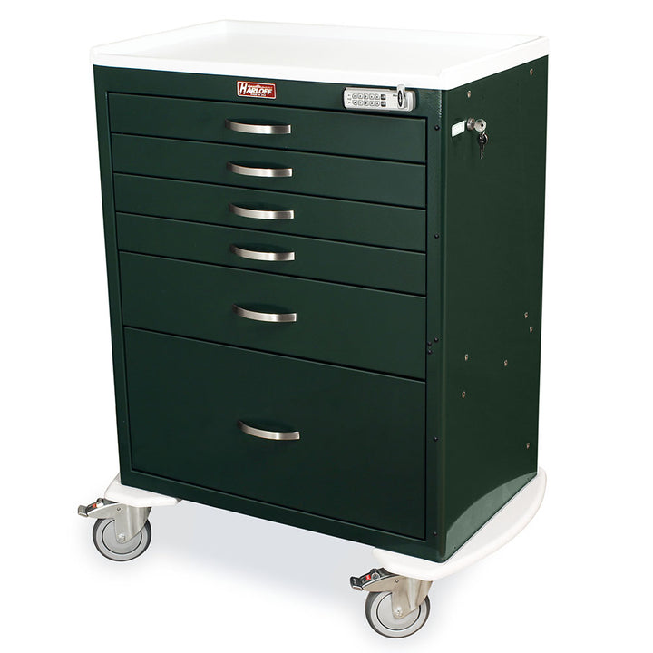 M-Series Tall Procedure Cart, dark green color, six drawers, electronic lock, standard width, model MDS3030E16