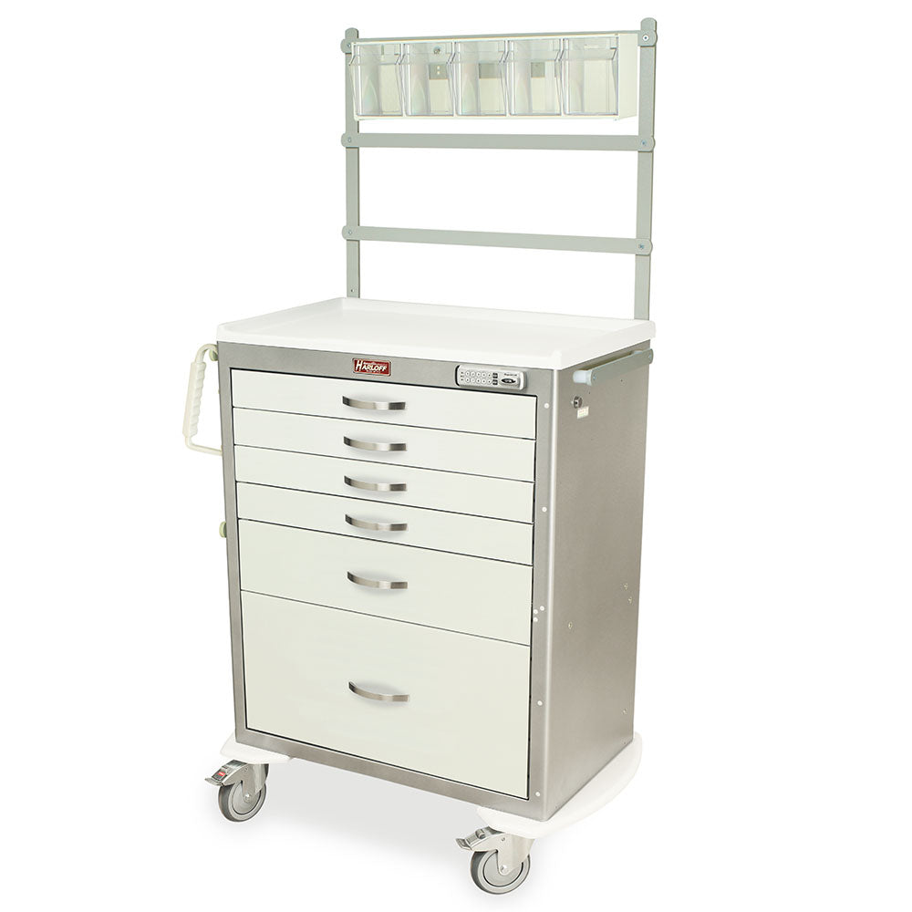 M-Series Full Size Anesthesia Cart with MD30-ANS Package and E-Lock, six drawers, tall height, standard width, shown in brushed silver and white finish