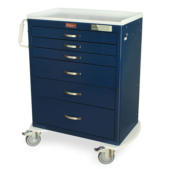 M-Series Tall Medical Treatment Cart with electronic keypad lock, navy color, six drawers, front left view, model MDS3030EKC06