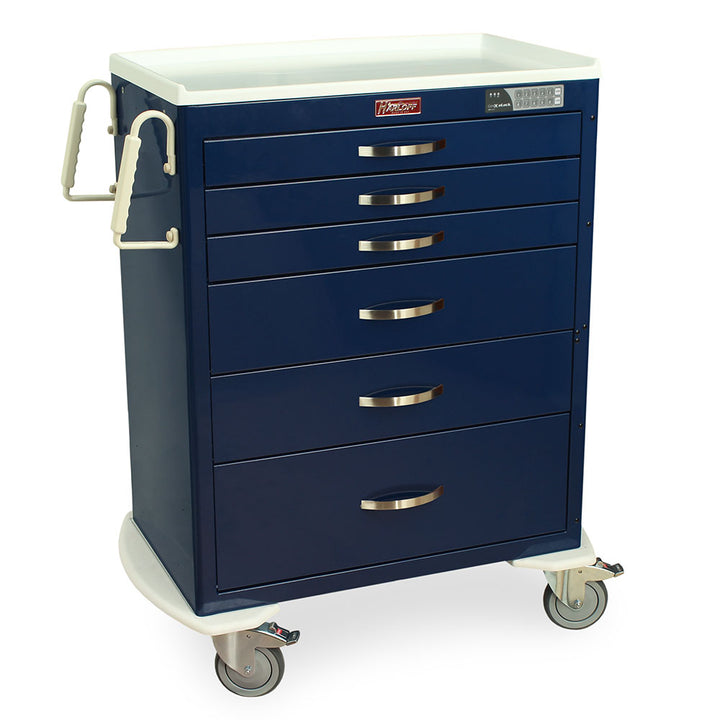 M-Series Tall Medical Treatment Cart with electronic keypad lock, navy color, six drawers, front right view, model MDS3030EKC06