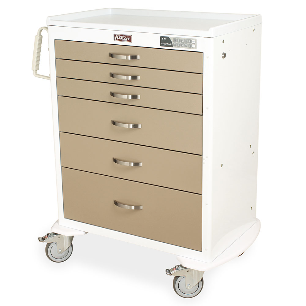 M-Series Tall Medical Treatment Cart with electronic keypad lock, white and taupe color, six drawers, front left view, model MDS3030EKC06