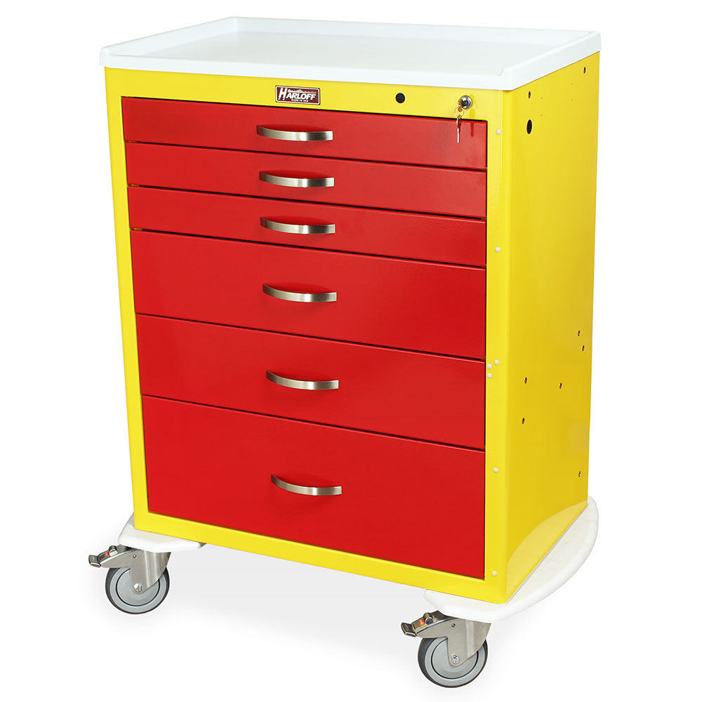 M-Series Tall Anesthesia Cart in yellow and red with six drawers and standard key lock