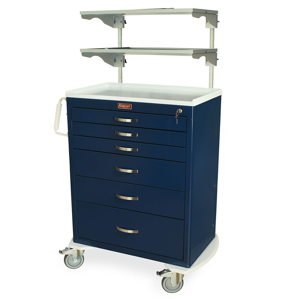 M-Series MDS3030K06+MD30-ADJSHLF2-XBAR tall medical equipment cart, 6 drawers, key lock, height adjustable overhead shelves, steel, white plastic top, front view