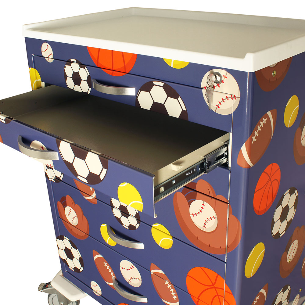 Close-up of sports-themed comfort cart drawer and handle