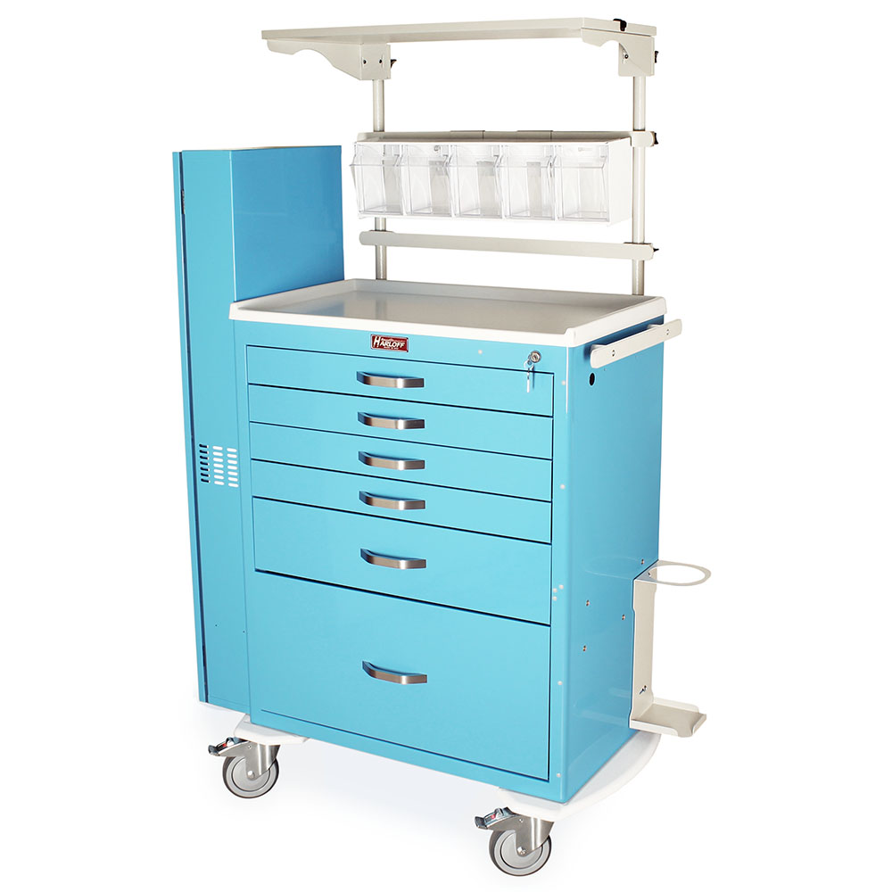 M-Series MDS3030K16+MD30-AIRWAYPKG difficult airway cart with 6 drawers, key lock, MD30-AIRWAYPKG package, steel construction, front-light blue view