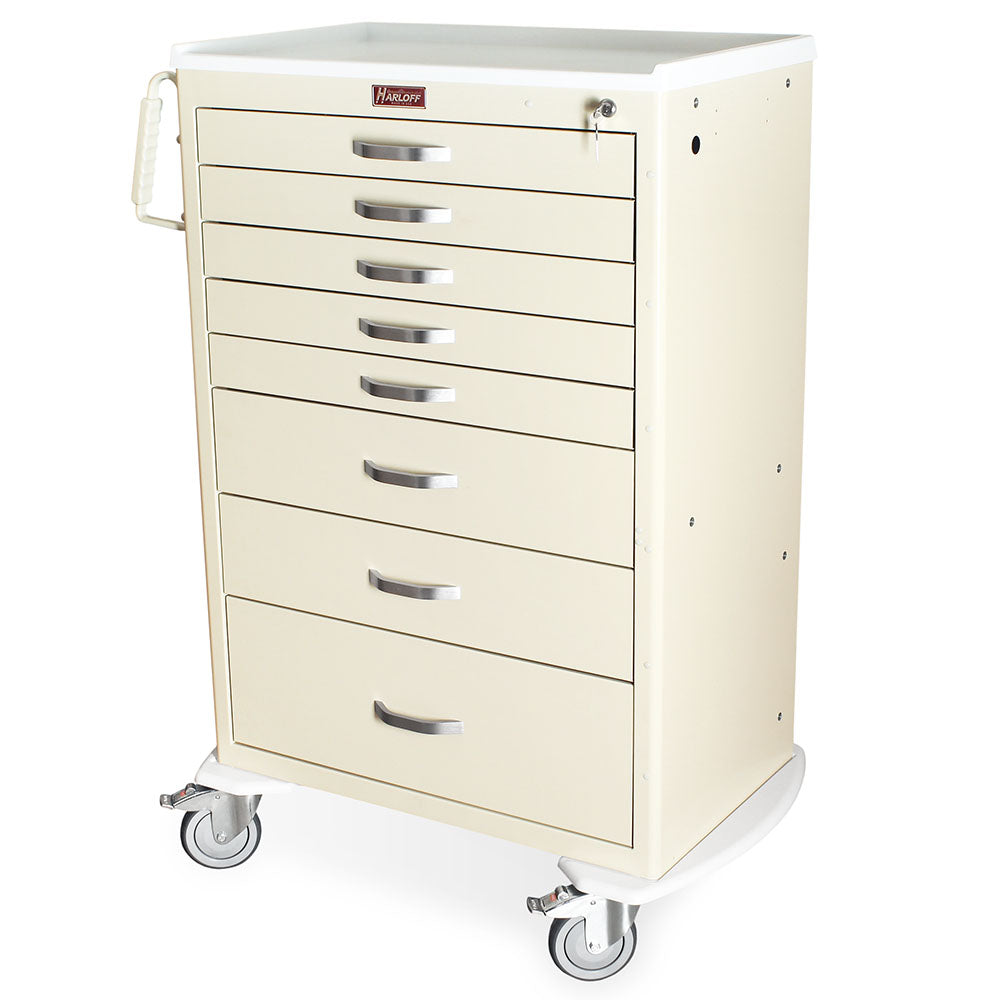 M-Series MDS3036K08 XX-tall high capacity medical cart, 8 drawers, key lock, front view, beige