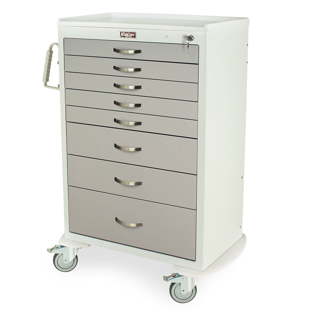 M-Series MDS3036K08 XX-tall high capacity medical cart, 8 drawers, key lock, front view, light gray