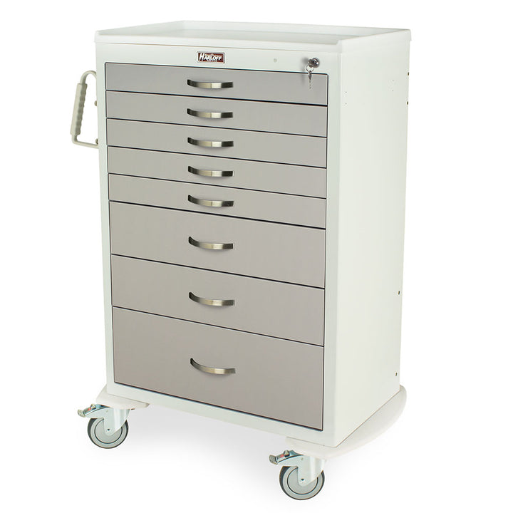 M-Series MDS3036K08 XX-tall high capacity medical cart, 8 drawers, key lock, front view, light gray