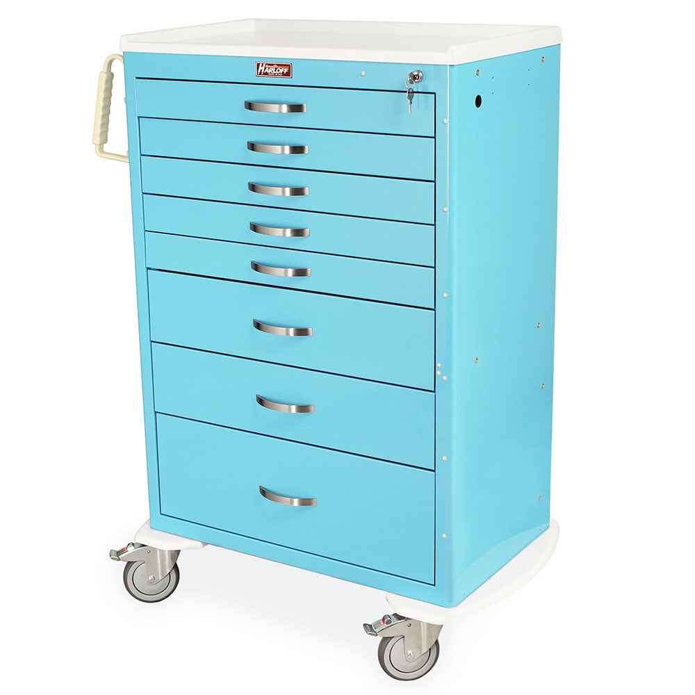M-Series MDS3036K08 XX-tall high capacity medical cart, 8 drawers, key lock, front view, light blue