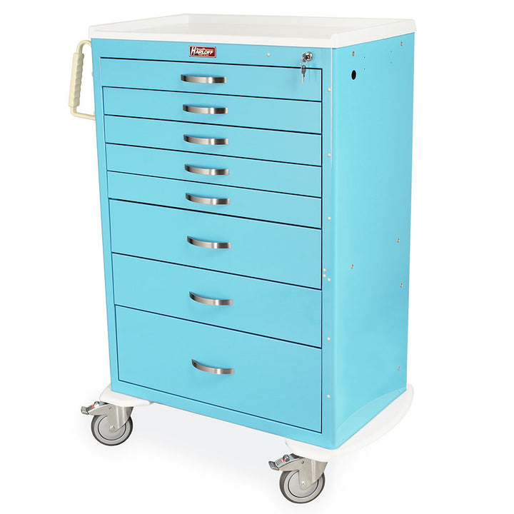 M-Series MDS3036K08 XX-tall high capacity medical cart, 8 drawers, key lock, front view, light blue