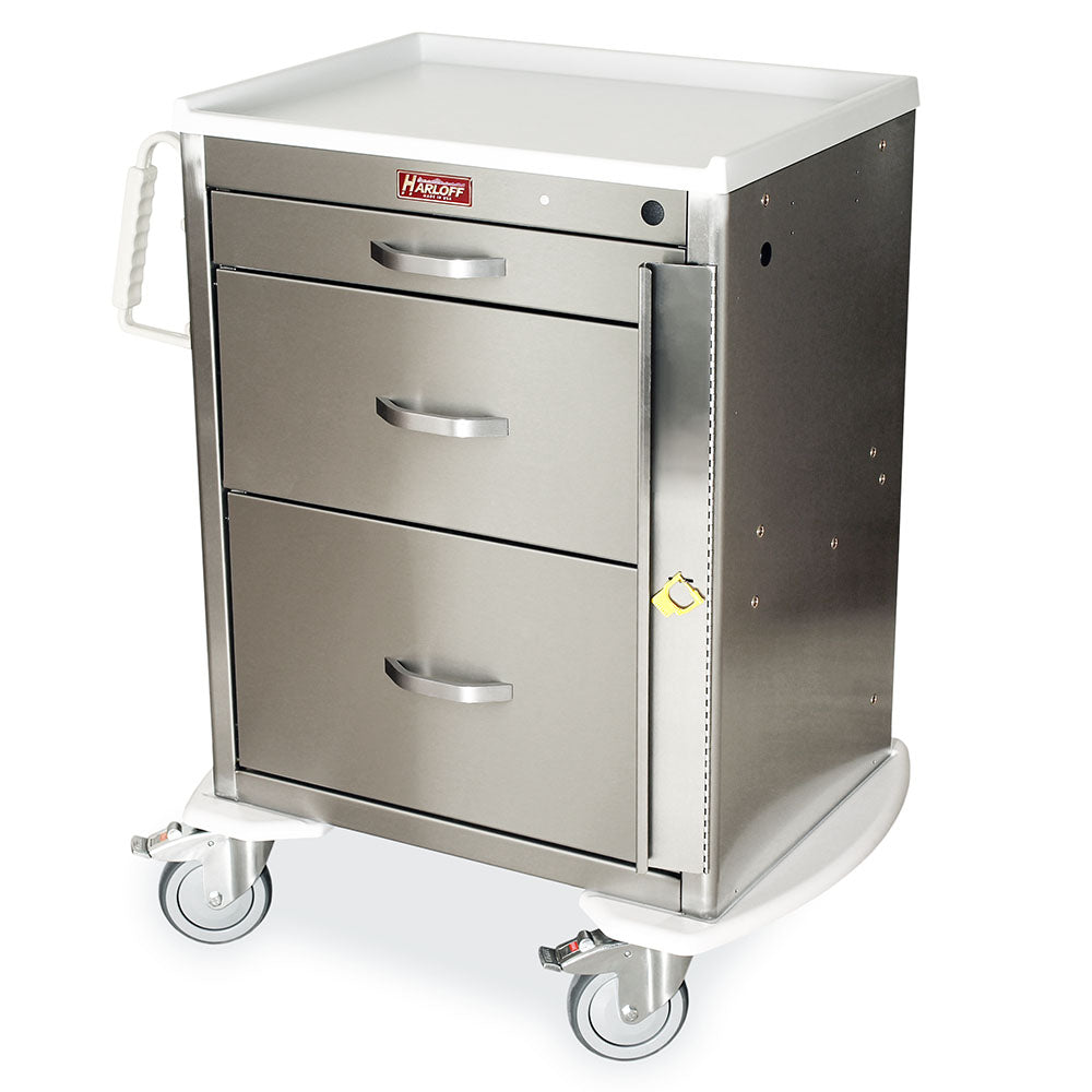 M-Series Stainless Steel Utility Cart, short height, medium width, three drawers, breakaway lock