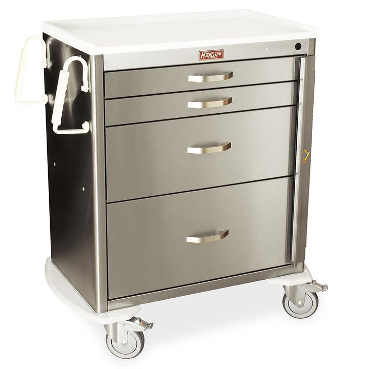M-Series MDSS3027B14 stainless steel crash cart, 4 drawers, breakaway lock, medium height, standard width, quarter right view