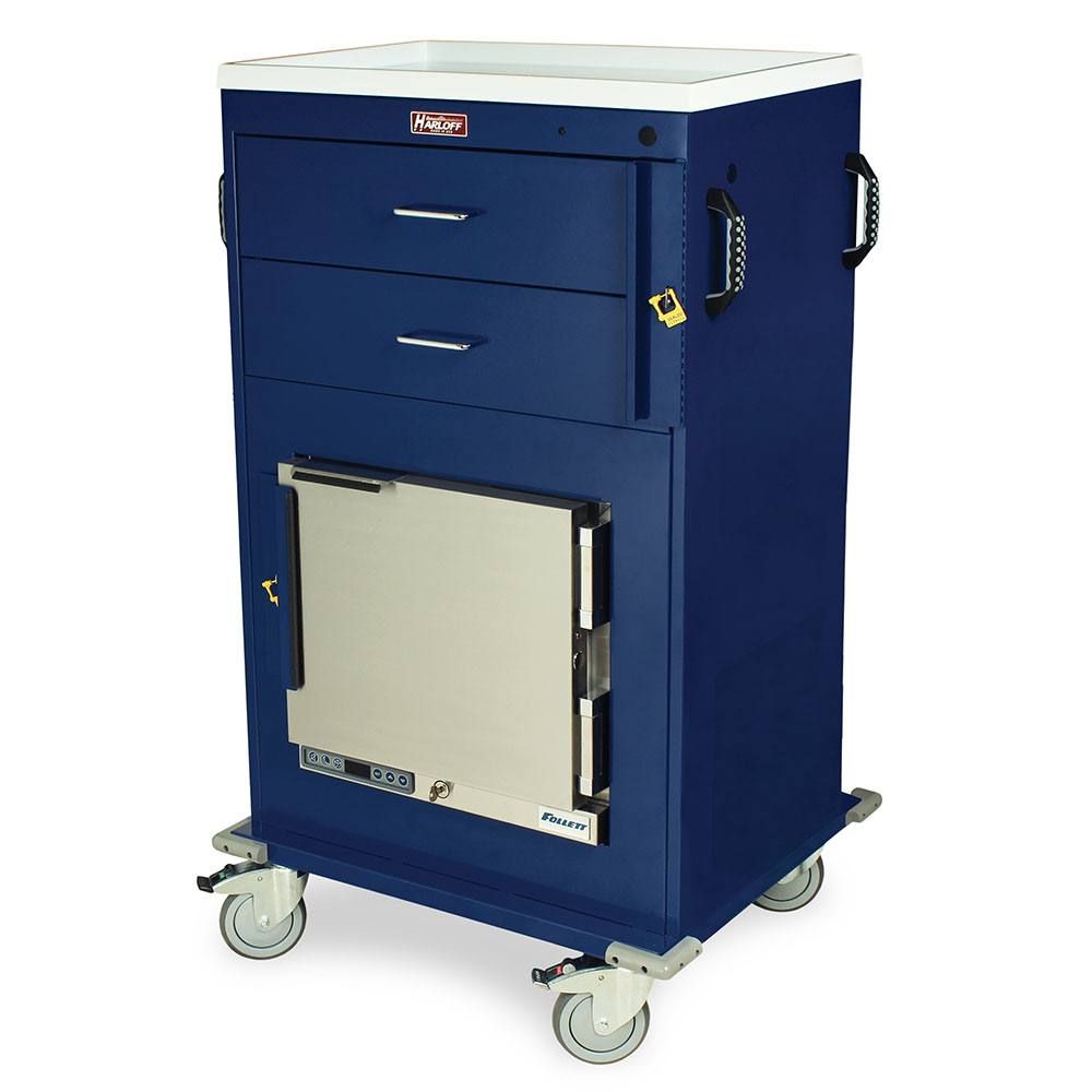 MH4216B Treatment Cart with 1 cu ft Follett refrigerator 2 drawers breakaway lock front view