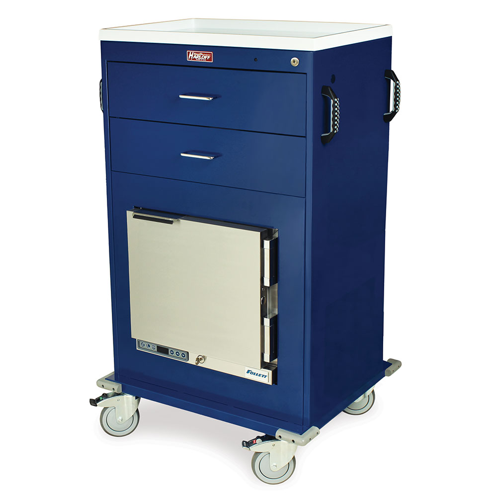 MH cart with 2 drawers and Follett 1.0 cu ft medical refrigerator