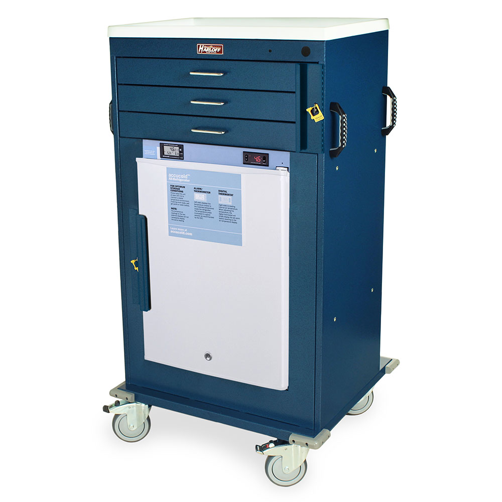MH cart with 3 drawers and Accucold 2.4 cu ft medical refrigerator