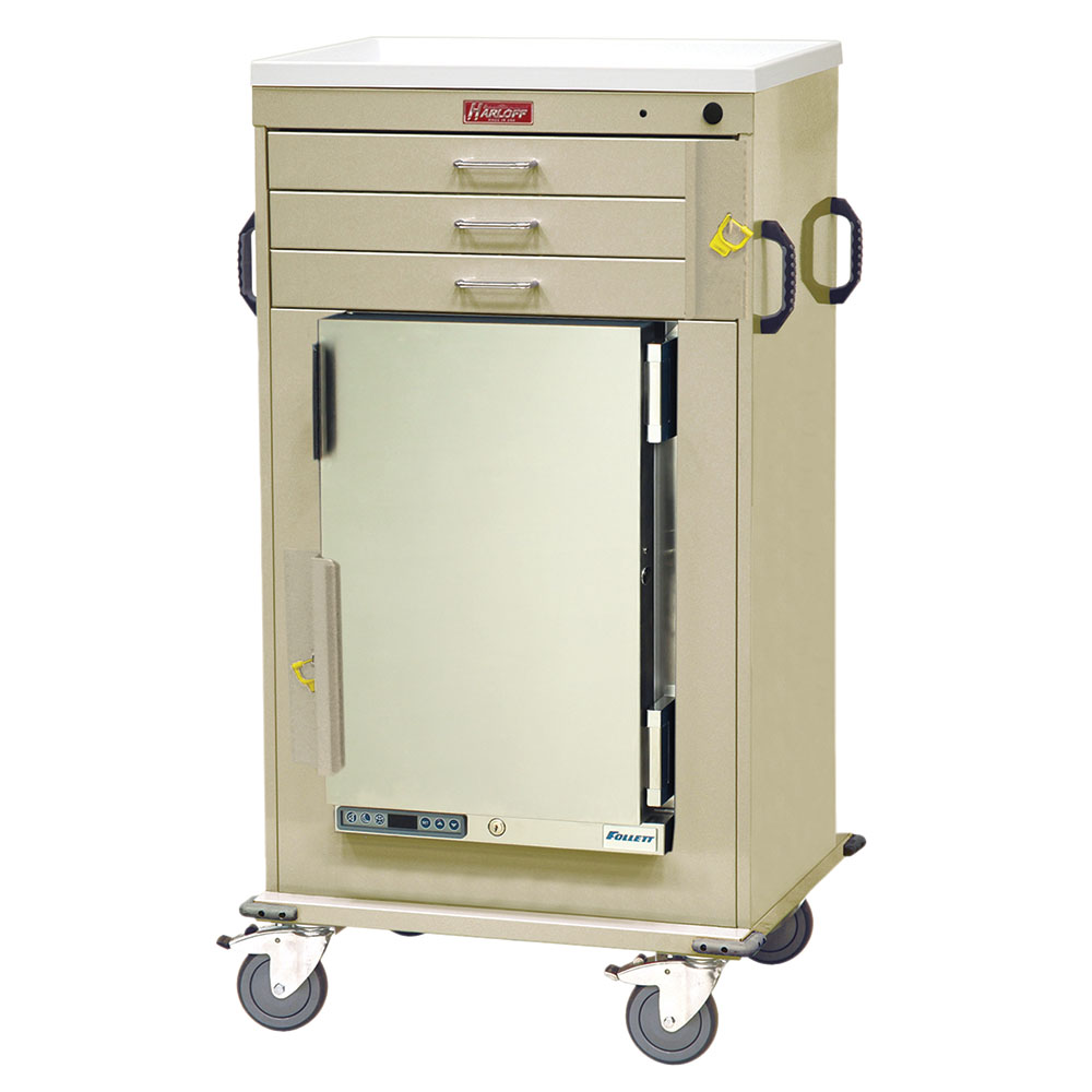MH cart with 3 drawers and built-in Follett medical refrigerator
