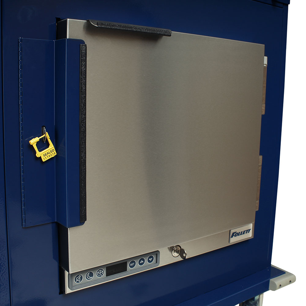 Close-up of Follett medical refrigerator in MH cart