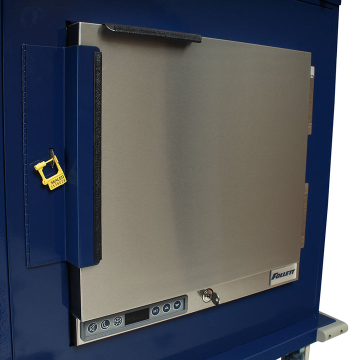 Close-up of Follett medical refrigerator in MH cart