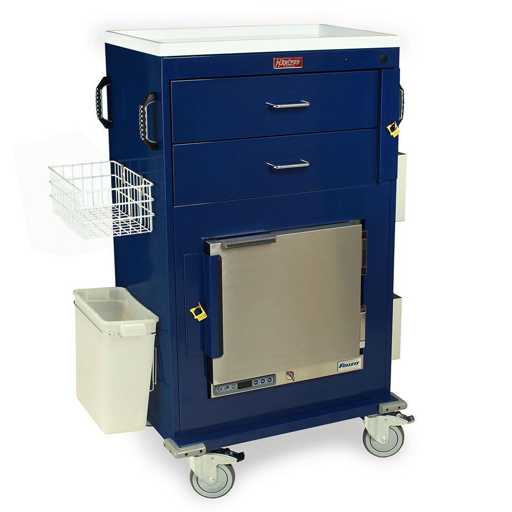 Rear view of MH5216B Malignant Hyperthermia cart with fridge
