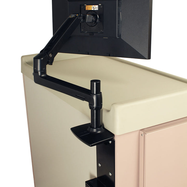 Rear view of monitor holder arm mounted with ventilated power brick box