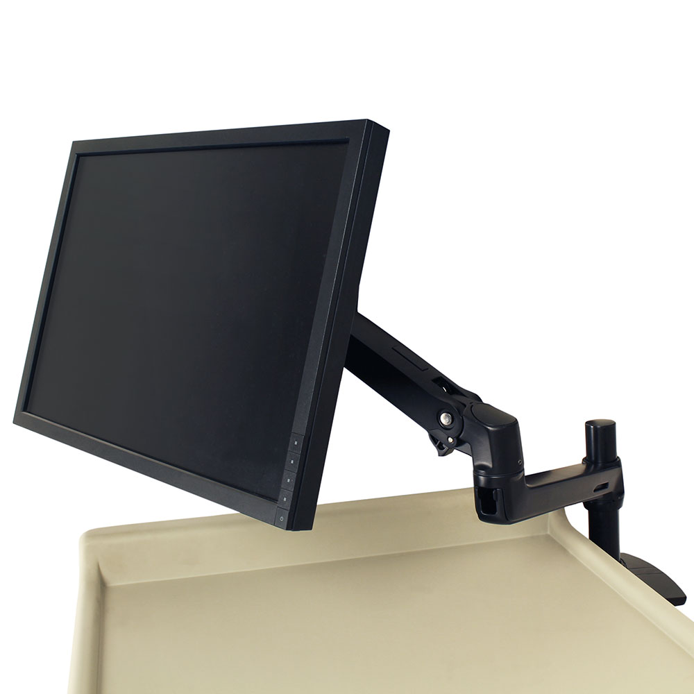 Lockable monitor holder accessory for Harloff medical carts front left view