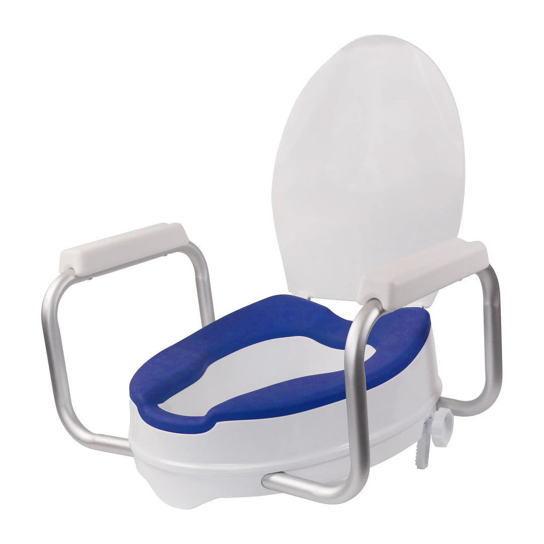 AltiCare raised toilet seat with adjustable armrests white and blue