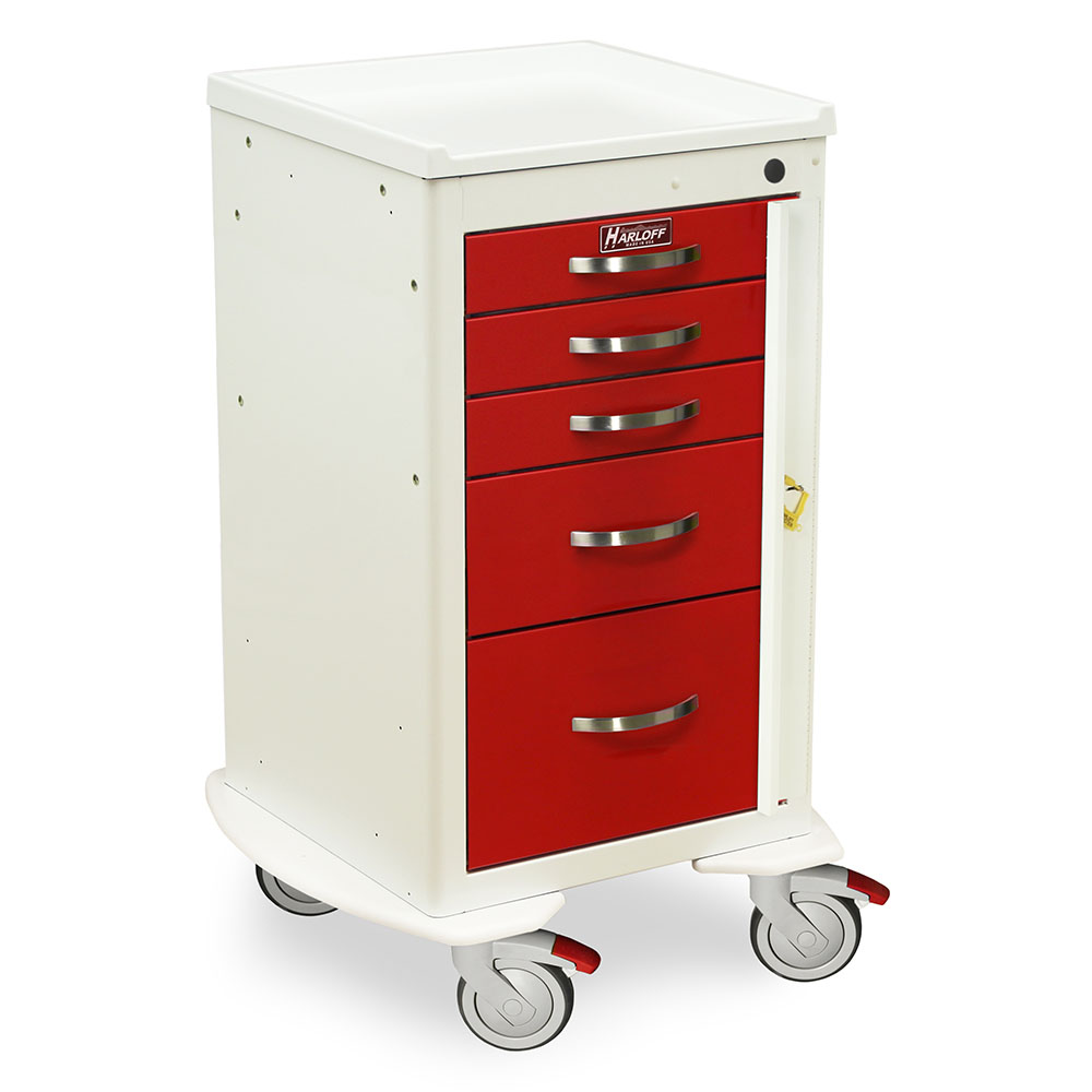 Harloff A-Series narrow 5 drawer aluminum crash cart with breakaway lock