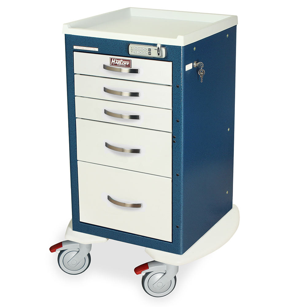 Harloff A-Series narrow aluminum e-lock anesthesia cart with five drawers
