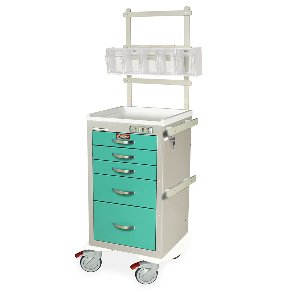 A-Series MPA1824E05+MD18-ANS narrow aluminum anesthesia cart with 5 drawers, e-lock, MD18-ANS accessory package, light gray and teal, front view