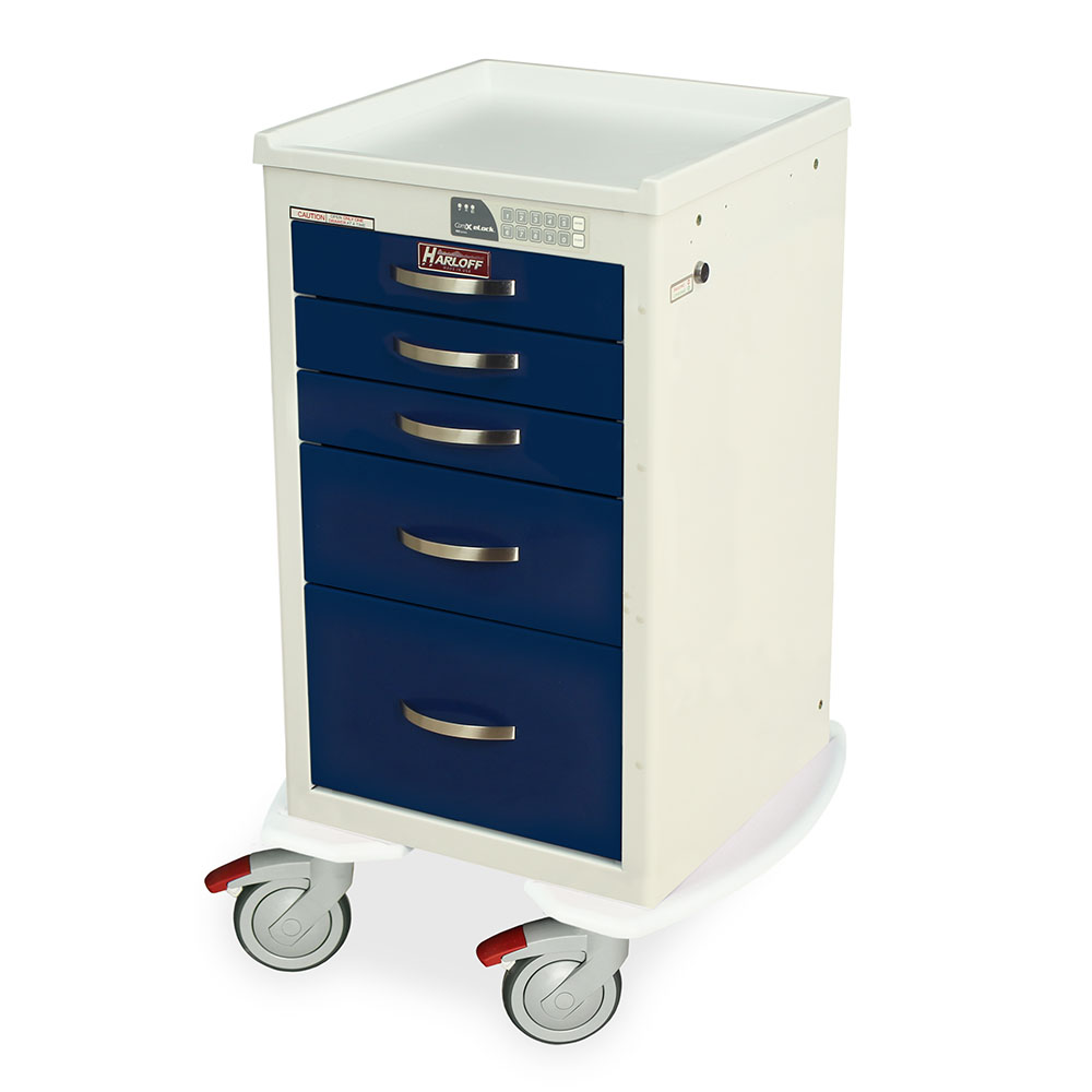 A-Series MPA1824EKC05 narrow aluminum medical cart, 5 drawers, electronic keypad lock, white and navy, front view
