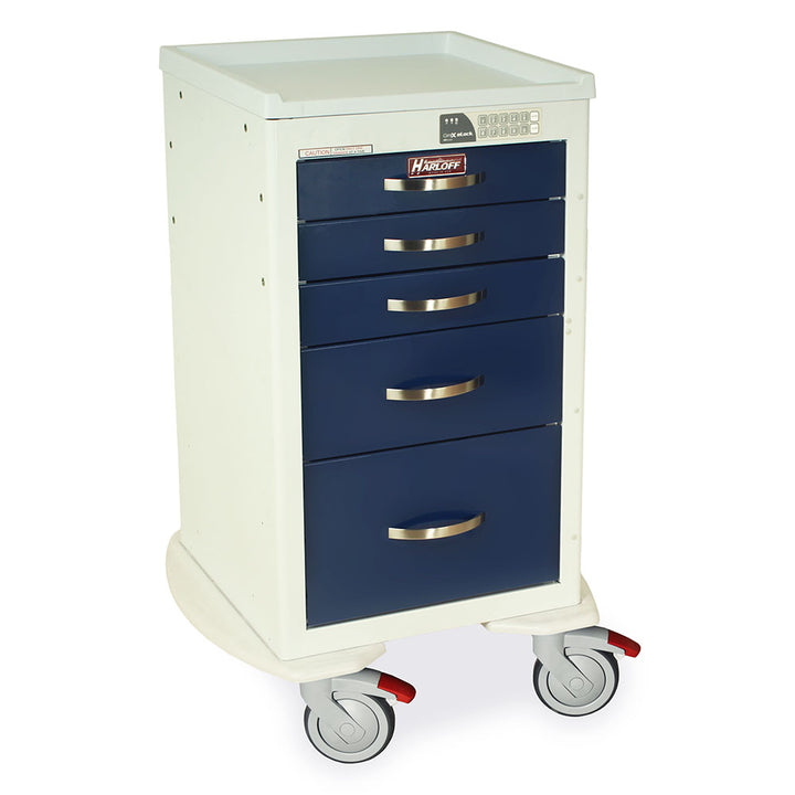 A-Series MPA1824EKC05 narrow aluminum medical cart, 5 drawers, electronic keypad lock, white and navy, quarter right view