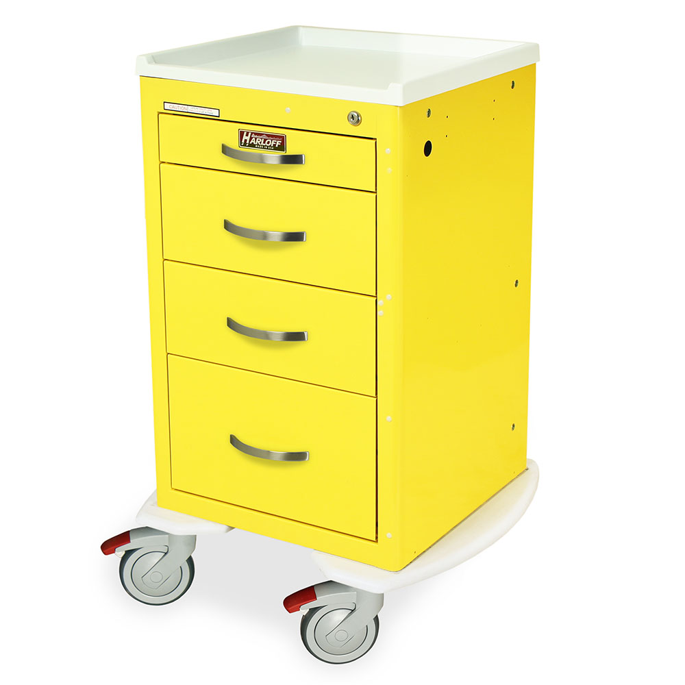 A-Series narrow aluminum key lock isolation cart with four drawers in yellow finish