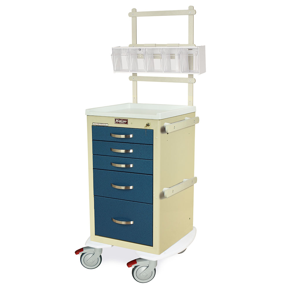 A-Series MPA1824K05+MD18-ANS narrow aluminum anesthesia cart with 5 drawers, key lock, MD18-ANS accessory package, beige and blue, front view