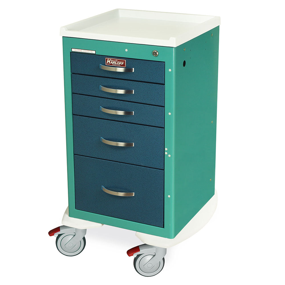A-Series narrow lightweight key lock anesthesia cart with five drawers and teal blue finish
