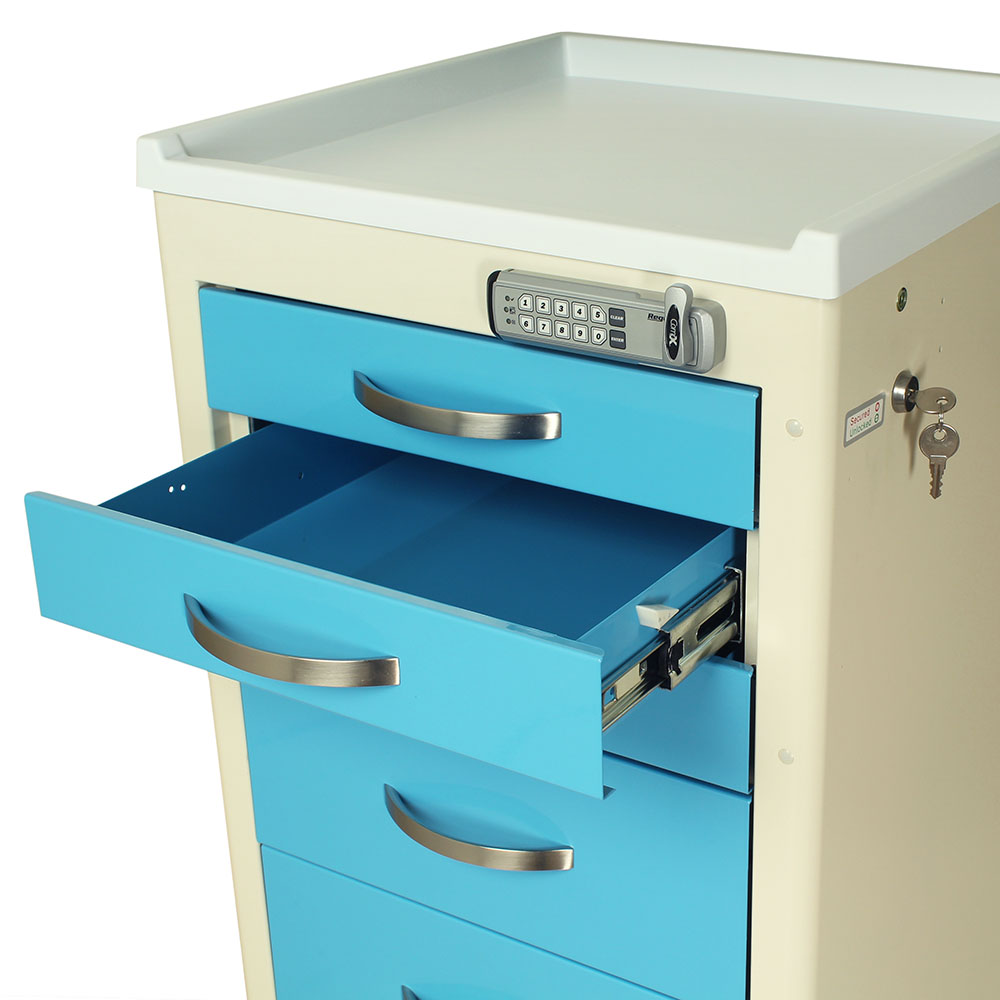 A-Series MPA1830E06 narrow aluminum medical cart, 6 drawers, E-lock, light blue and cream, open drawer view