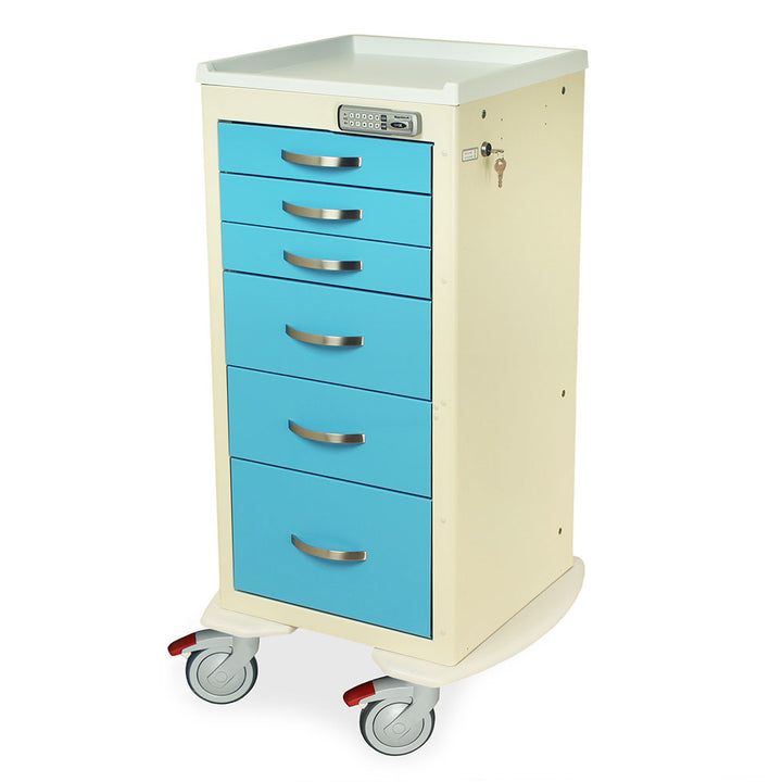 A-Series MPA1830E06 narrow aluminum medical cart, 6 drawers, E-lock, light blue and cream, front view