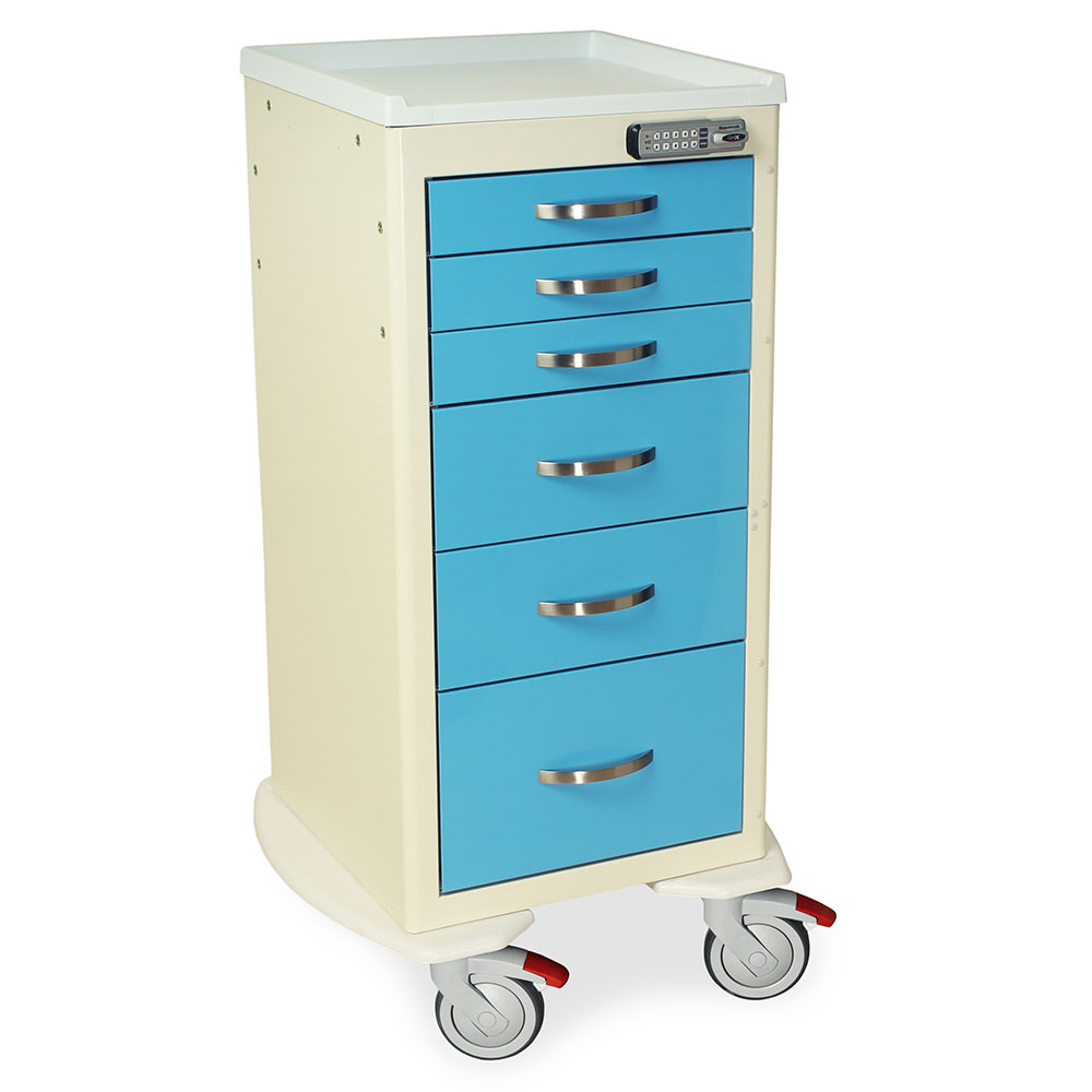 A-Series MPA1830E06 narrow aluminum medical cart, 6 drawers, E-lock, light blue and cream, quarter right view