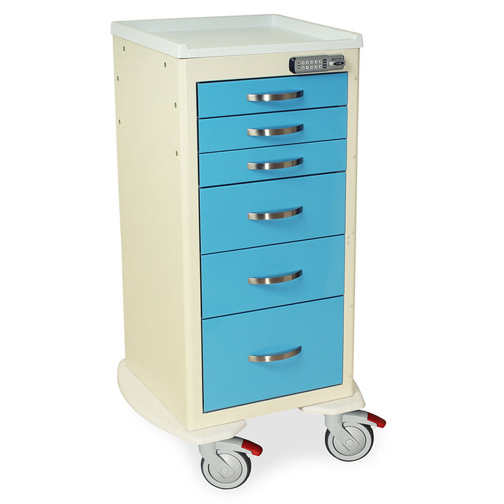 A-Series MPA1830E06 narrow aluminum medical cart, 6 drawers, E-lock, light blue and cream, quarter right view
