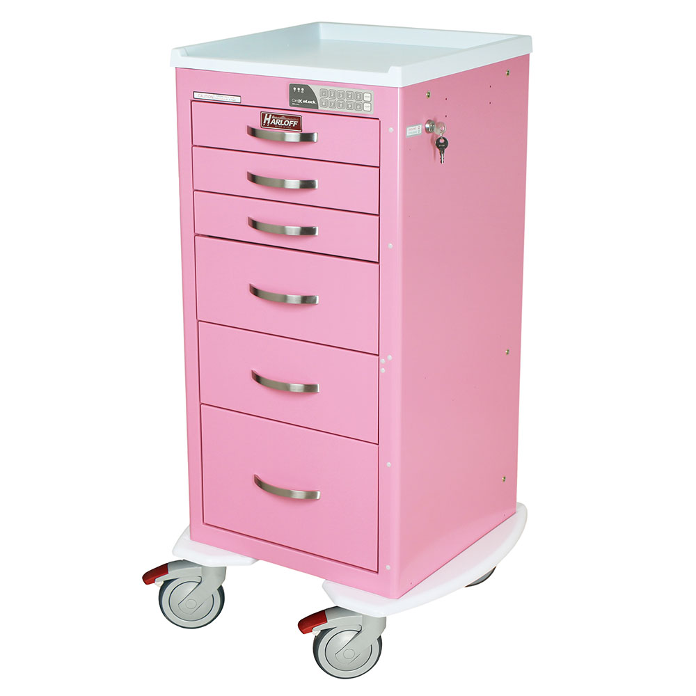 compact A-Series anesthesia cart in pink color with six drawers and electronic keypad lock