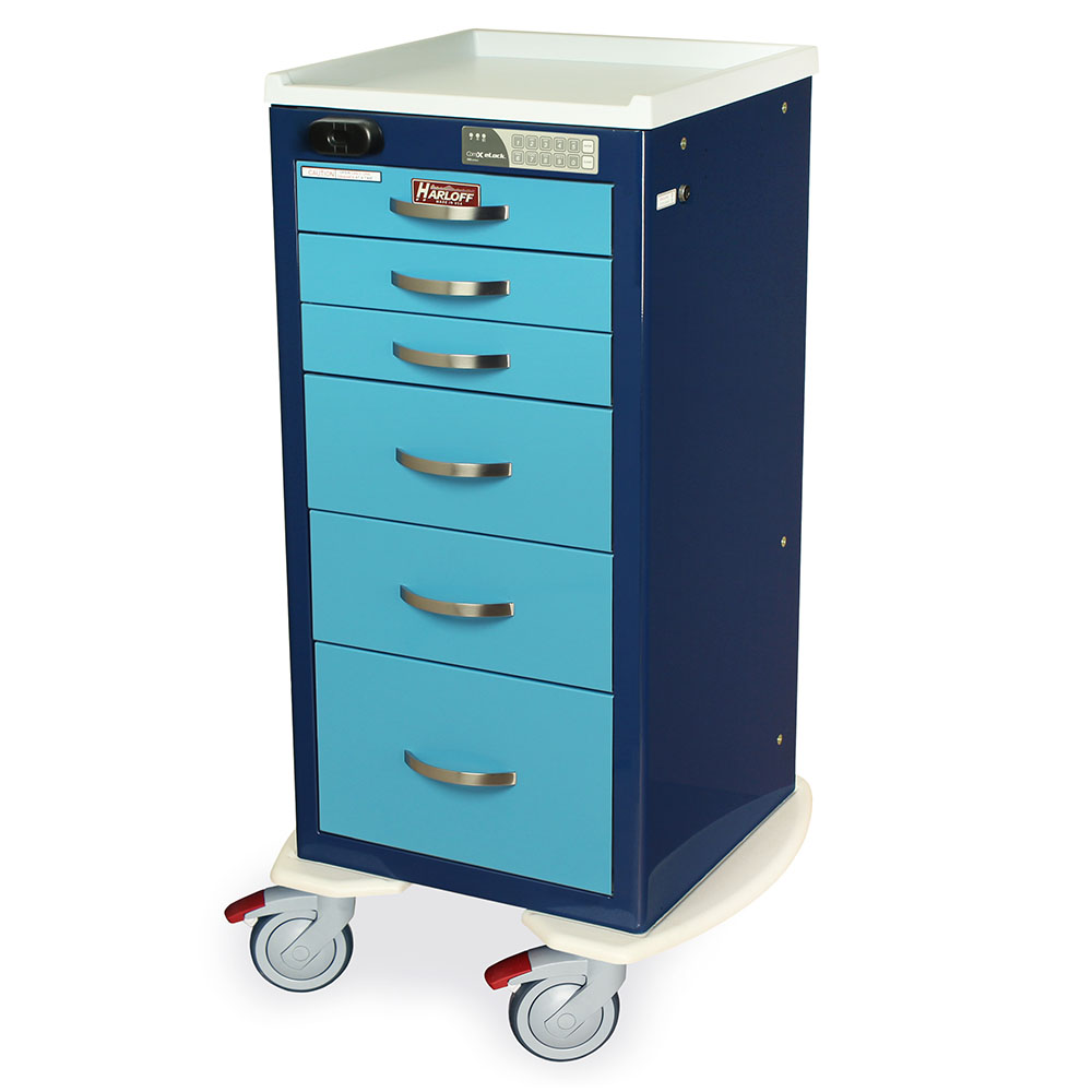 narrow aluminum anesthesia cart with prox reader and keypad lock in navy and light blue color