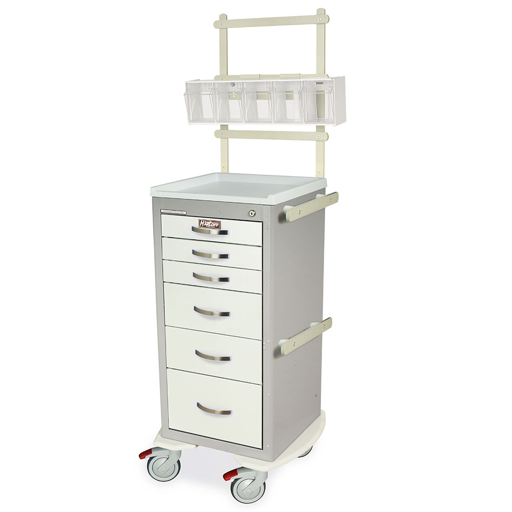 A-Series MPA1830K06+MD18-ANS light narrow aluminum anesthesia cart with 6 drawers, key lock, MD18-ANS accessory package, gray and white, front view